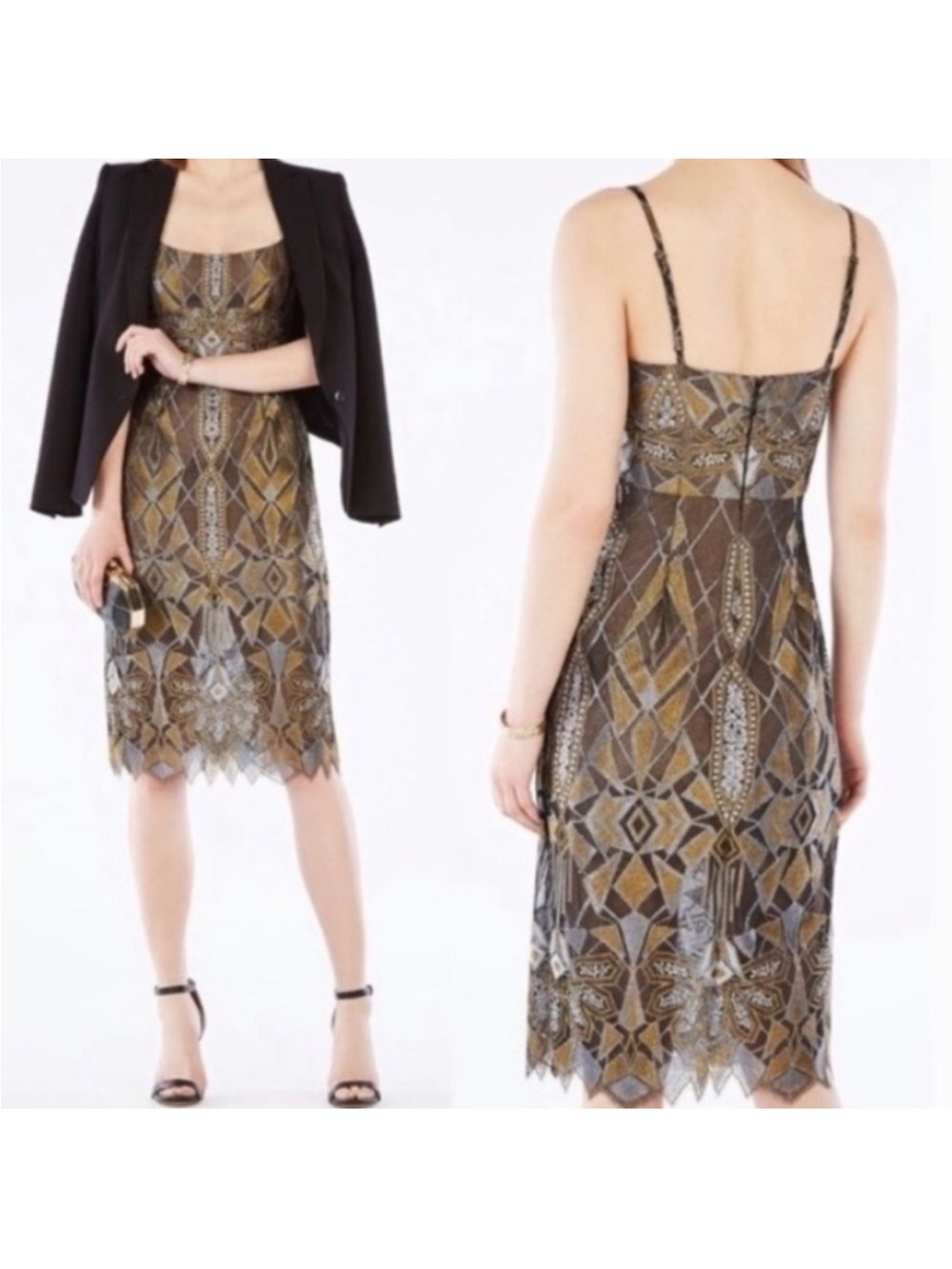 BCBGMAXAZRIA Alese Metallic‎ Geometric Lace Sheath Dress Gold Silver Black 8